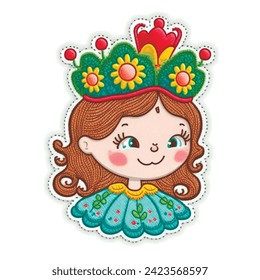 Stitching lines embroidery smiling little princess with crown, flowers. Isolated design. Beautiful cartoon dolly. Stitch textured funny embroidered cute girl. Floral vector background illustration. 