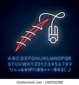 Stitching neon light icon. Suture device. Medical surgical procedure. Wound treatment. First aid. Injury. Health care. Glowing sign with alphabet, numbers and symbols. Vector isolated illustration