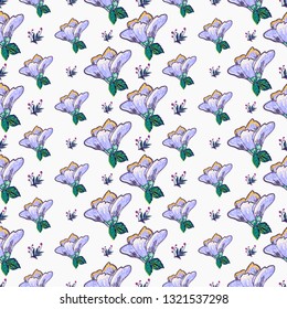 Stitching seamless pattern with blue flower patch and decorative branch embroideries in embroidery patch style. Digital watercolor illustration on white background.