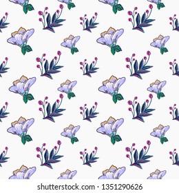 Stitching seamless pattern with blue flower patch and decorative branch embroideries in embroidery patch style. Digital watercolor illustration on white background.