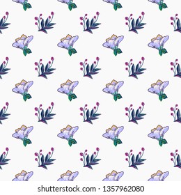 Stitching seamless pattern with blue flower patch and decorative branch embroideries in embroidery patch style. Digital watercolor illustration on white background.