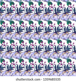 Stitching seamless pattern with blue flower patch and decorative branch embroideries in embroidery patch style. Digital watercolor illustration on white background.