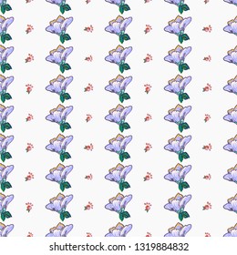 Stitching seamless pattern with bright flower patch and blue flowers embroideries in embroidery patch style. Digital watercolor illustration on white background.