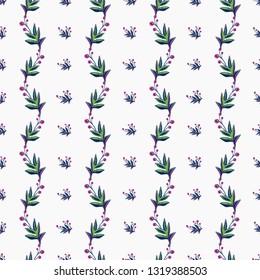 Stitching seamless pattern with decorative branch patch and small berry branches embroideries in embroidery patch style. Digital watercolor illustration on white background.