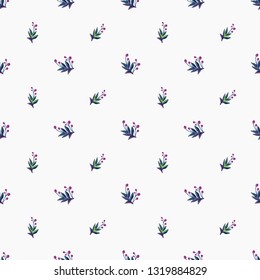 Stitching seamless pattern with decorative branch patch and small berry branches embroideries in embroidery patch style. Digital watercolor illustration on white background.