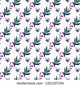 Stitching seamless pattern with decorative branch patch and small berry branches embroideries in embroidery patch style. Digital watercolor illustration on white background.