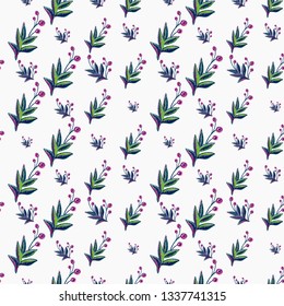 Stitching seamless pattern with decorative branch patch and small berry branches embroideries in embroidery patch style. Digital watercolor illustration on white background.