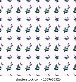 Stitching seamless pattern with decorative branch patch and small berry branches embroideries in embroidery patch style. Digital watercolor illustration on white background.