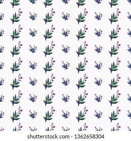 Stitching seamless pattern with decorative branch patch and small berry branches embroideries in embroidery patch style. Digital watercolor illustration on white background.