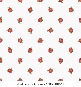 Stitching seamless pattern with marigold flower embroideries in embroidery patch patch style. Digital watercolor illustration on white background.