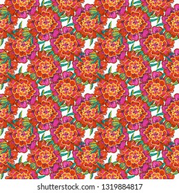 Stitching seamless pattern with marigold flower embroideries in embroidery patch patch style. Digital watercolor illustration on white background.