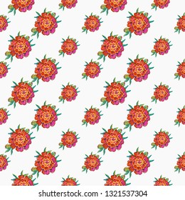 Stitching seamless pattern with marigold flower embroideries in embroidery patch patch style. Digital watercolor illustration on white background.