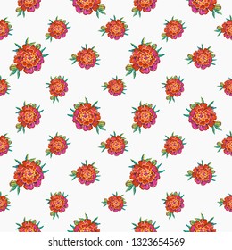 Stitching seamless pattern with marigold flower embroideries in embroidery patch patch style. Digital watercolor illustration on white background.
