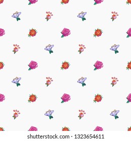 Stitching seamless pattern with marigold flower patch, peony embroidery, blue flowers embroideries in embroidery patch style. Digital watercolor illustration on white background.