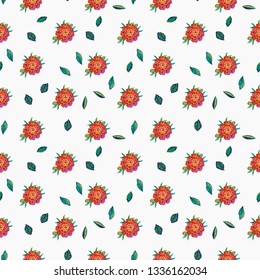Stitching seamless pattern with marigold flower embroideries in embroidery patch patch style. Digital watercolor illustration on white background.