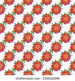 Stitching seamless pattern with marigold flower embroideries in embroidery patch patch style. Digital watercolor illustration on white background.