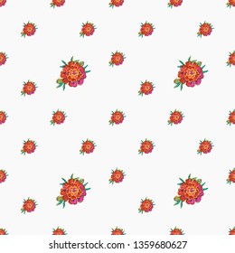 Stitching seamless pattern with marigold flower embroideries in embroidery patch patch style. Digital watercolor illustration on white background.