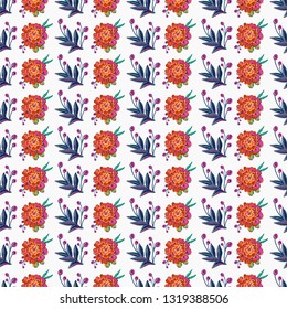 Stitching seamless pattern with marigold patch and decorative branch embroideries in embroidery patch style. Digital watercolor illustration on white background.