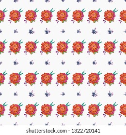 Stitching seamless pattern with marigold patch and decorative branch embroideries in embroidery patch style. Digital watercolor illustration on white background.