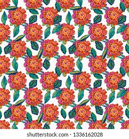 Stitching seamless pattern with marigold patch in embroidery patch style. Digital watercolor illustration on white background with embroideries.