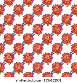 Stitching seamless pattern with marigold patch in embroidery patch style. Digital watercolor illustration on white background with embroideries.