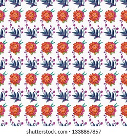 Stitching seamless pattern with marigold patch and decorative branch embroideries in embroidery patch style. Digital watercolor illustration on white background.