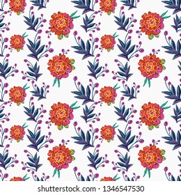 Stitching seamless pattern with marigold patch and decorative branch embroideries in embroidery patch style. Digital watercolor illustration on white background.