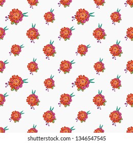 Stitching seamless pattern with marigold patch in embroidery patch style. Digital watercolor illustration on white background with embroideries.