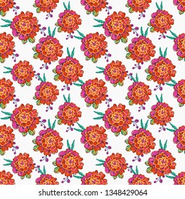 Stitching seamless pattern with marigold patch in embroidery patch style. Digital watercolor illustration on white background with embroideries.