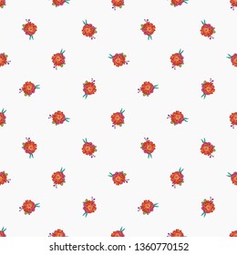 Stitching seamless pattern with marigold patch in embroidery patch style. Digital watercolor illustration on white background with embroideries.