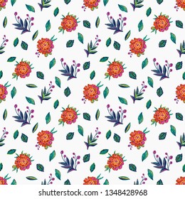 Stitching seamless pattern with marigolds patch, decorative branch, small berry branches, marigold flower embroideries in embroidery patch style. Vintage stitching ornament.