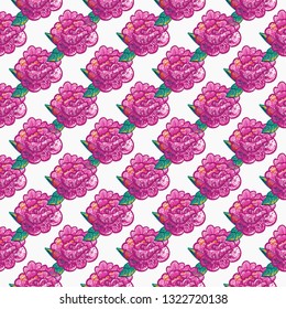 Stitching seamless pattern with peony patch in embroidery patch style. Digital watercolor illustration on white background.