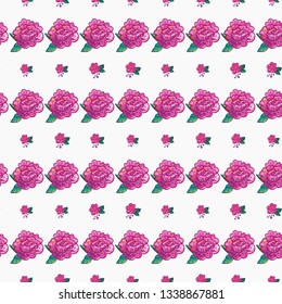 Stitching seamless pattern with peony patch and pink rose embroideries in embroidery patch style. Digital watercolor illustration on white background.