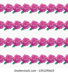 Stitching seamless pattern with peony patch and pink rose embroideries in embroidery patch style. Digital watercolor illustration on white background.
