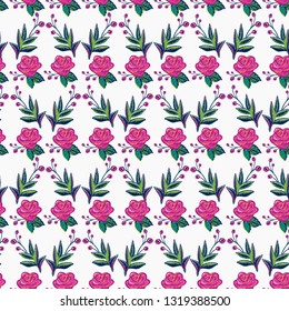 Stitching seamless pattern with pink rose and small berry branch patch in embroidery patch style. Digital watercolor illustration on white background.