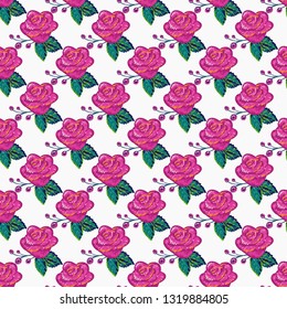 Stitching seamless pattern with pink rose patch in embroidery patch style. Digital watercolor illustration on white background.