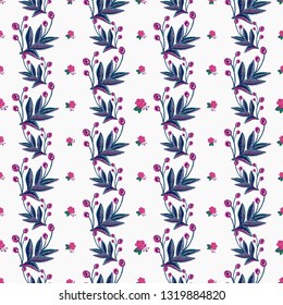 Stitching seamless pattern with pink rose patch and decorative branch in embroidery patch style. Digital watercolor illustration on white background.