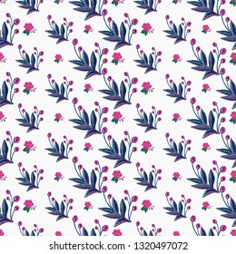 Stitching seamless pattern with pink rose patch and decorative branch in embroidery patch style. Digital watercolor illustration on white background.