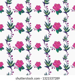 Stitching seamless pattern with pink rose and small berry branch patch in embroidery patch style. Digital watercolor illustration on white background.