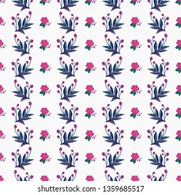 Stitching seamless pattern with pink rose patch and decorative branch in embroidery patch style. Digital watercolor illustration on white background.