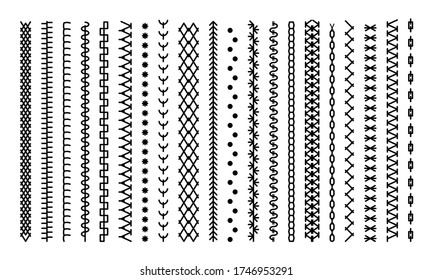 Stitching seams, stitched sew seamless pattern brush and embroidery sews stitch set. Collection of vector stitch patterns. Set of sewing machines for embroidery. Vector illustration, eps 10.