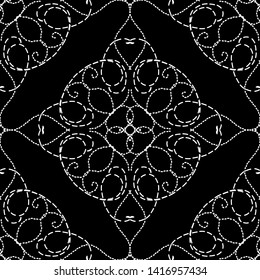Stitching style vintage arabesque vector seamless pattern. Black and white embroidery Damask background. Line art tracery floral stitch ornament. Embroidered flowers, leaves, lines. Tapestry texture