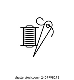 Stitching Thread Spool Line Icon. Sewing needle and thread icon in black and white color.