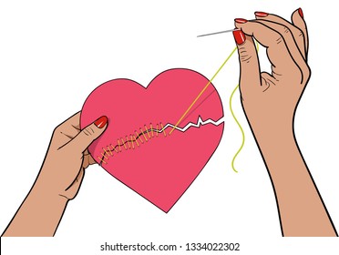 Stitching up the torn heart with needle and thread