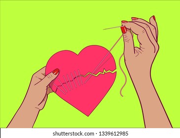 Stitching up the torn heart with needle and thread