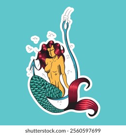 Stitolo tattoo sketch, neo traditional mermaid illustration, sitting on a fishhook underneath, colored with sticker border