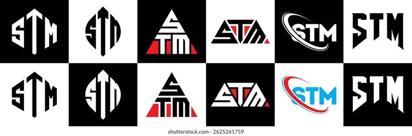 STM letter logo design in six style. STM polygon, circle, triangle, hexagon, flat and simple style with black and white color variation letter logo set in one artboard. STM minimalist and classic logo
