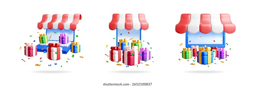 Stock 3d vector illustration set collection with online shop, gift box, present and celebration confetti for commerce.