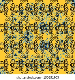 - stock. Abstract doodles pattern. Vector illustration. Nice background. Yellow, brown and neutral on colors. Seamless Cute fabric pattern.