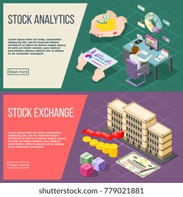 Stock analysis and stock exchange horizontal banners with working broker and exchange building isometric compositions vector illustration 